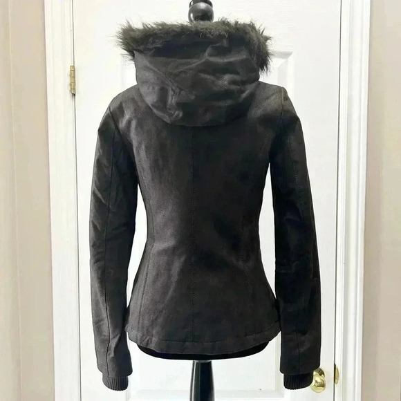 Danier  Suede Bomber Jacket Hooded Faux Fur Trim Chocolate Brown Size 2XS - Picture 12 of 14